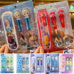Disney Genuine Children Tableware Spoon Fork Box Cartoon Tableware Children Use Outing Carry Clean Eating Spoon Fruit Fork