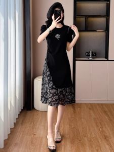 ชุดเดรสยาวปานกลางผ้าชีฟองสไตล์ฝรั่งเศสไซส์ใหญ่สำหรับผู้หญิงในช่วงฤดูร้อน ดีไซน์เก๋ไก๋ กระโปรงทรงเอ แขนสั้น คอตั้ง