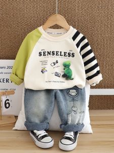 Cute Dinosaur Long Sleeve Sweatshirt Set for Baby Boys Casual Comfortable Cotton Clothes for Autumn Season Kids Fashionable Outfit