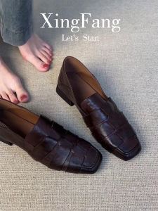 รองเท้าโลฟเฟอร์ถักด้วยมือย้อนยุค หนัง ผู้หญิง รองเท้าสลิปออนแบบ Deep-Cut ทันสมัย ส้นแบน พื้นยางสบายทุกคู่