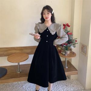 Dress Kotak-kotak Mini Kasual Wanita Middle Waist French Style Lengan Panjang Terbaru Kekinian Kerah Berdiri Rok A-line Fashion Pakaian Elegant Gaun