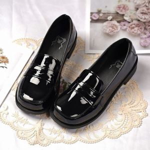 รองเท้าหนังสีพื้นแบบลำลองสำหรับผู้หญิง รองเท้าหนังส้นแบนพื้นหนาสไตล์ญี่ปุ่น รองเท้าบู๊ทหัวเหลี่ยม รองเท้าลำลอง