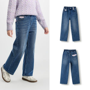 Balabala | BalaBala Childrens Winter Fleece Lined Denim Jeans Girls Straight Leg Casual Trousers mid Waist Cotton Blend Fabric