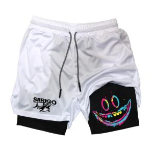 Mens Smiling Face Printed Double-Layer Fitness 2-in-1 Quick Drying Loose Casual Running Jogger Leisure Training Sports Shorts