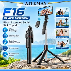 Aitemay 1.7m Selfie Stick Tripod Bluetooth Remote 360 Rotation 1/4 Interface Stainless Steel Universal Phone Holder