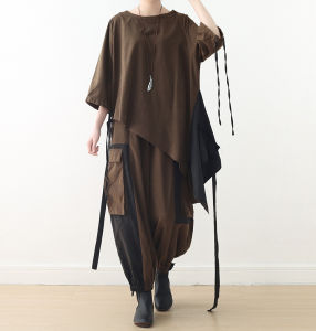 Original Design Spring 2025 Womens Loose Tunic Top with Drawstring Asymmetrical Splicing Retro Artistic Style Long Sleeve
