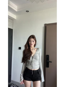 plus Size Womens Vintage American Bell Sleeve Long Sleeve V-Neck T-Shirt Spring Autumn Slimming Base Layer Shirt Top