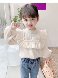 Princess Style Girls Shirt Baby Girls Base Layer Top Fashionable Autumn Season Polyester Fiber Long Sleeve Stand Collar Loose Fit