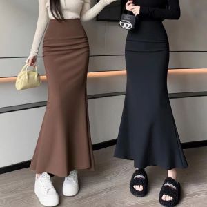 Fashion Womens Maxi Fishtail Long Skirt High Waist Muslim Pencil Skirts Causal Plain Color Fashion Clouthes Loose Plus Size #643