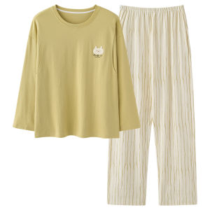 Miiow | Pure Cotton Maternity Nightgown Spring Autumn Thin Model Breastfeeding Feeding Clothes Long Sleeve Round Neck Print Pajamas