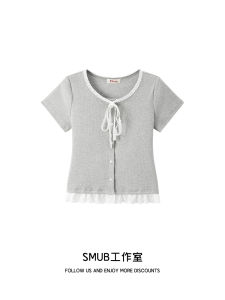 เสื้อเชิ้ตผู้หญิงแขนสั้นคอปกกลมผ้าลูกไม้สีเทา ทรงเข้ารูป ดีไซน์ผูกโบว์ เสื้อผ้าทำงานสไตล์เกาหลี ฤดูร้อน 2025