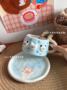 Cute Cat Ceramic Coffee Cup And Plate Set Creative Gift for Women Birthday Celebration Festive Supplies Adorable Mugs