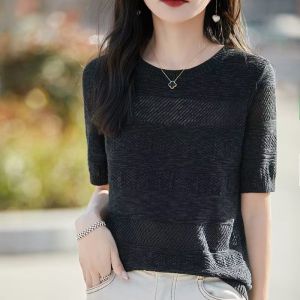 Spring Summer Cotton Knitted Hollow out Thin Short Sleeve round Neck Top Womens Loose Fit Base Shirt Versatile Korean Style