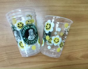 แก้วพลาสติก PP แก้วถัง แก้วโอ่ง 32 ออนซ์ ปาก 116 (50ใบ/แพ็ค) พิมพ์ลาย คละแบบ (ไม่มีฝา)