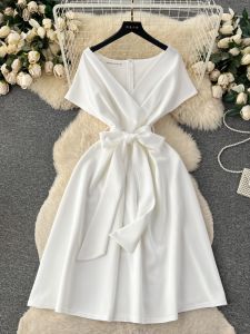 High-Waist Butterfly-Knot Summer Party Dress for Women Midi Length Sleeveless Celebrity Style Fashion Gown