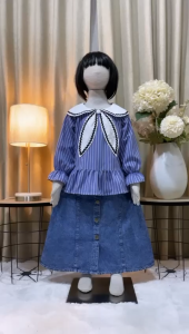 Setelan Rok Jins Anak Perempuan Usia 3 - 10 Tahun Kemeja Salur Pita Anak Perempuan Motif Salur Terbaru 2025 - COD