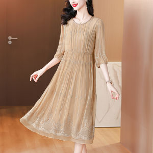 MAIMEI | Elegant Embroidered Summer Dress Women Loose Wide Size A-Line Skirt Midi Dress Comfortable Fit For Middle-Aged Ladies