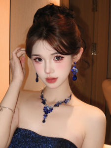 Luxurious Blue Diamond Embedded Necklace Earring Set Womens Zircon Waterdrop High-End Evening Dress Exaggerated Accessories Choker Earrings