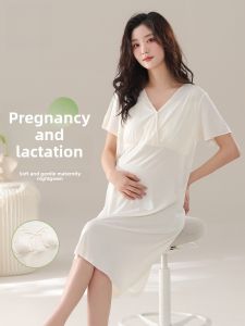 Miiow | Maternity Sleep Dress With Chest Pad Short Sleeve Midi Length For Pregnant Women Summer Comfortable Home Clothes Ladies Nightgown