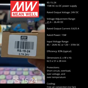 Mean Well RS-15-24 (24V 15W 0.625A)  Power Supply Meanwell- Original - 1 Year Warranty