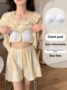 ชุดนอนผู้หญิงฤดูร้อนบางแขนสั้นแบบสวมศีรษะพร้อมแผ่นเสริมหน้าอก ชุดนอนสั้นสไตล์ใหม่ ชุดนอนผู้หญิงในบ้าน ชุดนอนผู้หญิงในฤดูร้อน