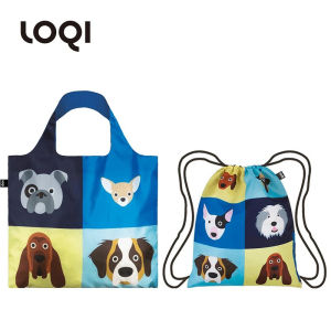 Loqi Fashionable Eco-Bag Set Foldable Dual-Shoulder Shopping Bag Pet Dog Carrier Heavy Duty 40 Pounds Cartoon Design Polyester
