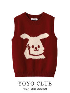 YoYo Club กระต่ายน้อย หลากหลาย เสื้อสเวตเตอร์ถัก เสื้อกั๊ก นุ่ม Lapering สีแดงเคี้ยว ฤดูหนาว พรางหุ่น สไตล์พร็อพคอกลม