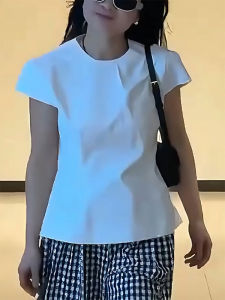 QINGNAER | Graceful Korean Style Large Size Summer Round Neck Short Sleeve Slim Fit Shirt