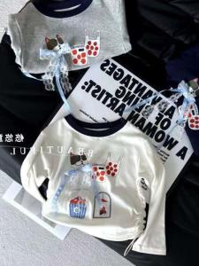 Spring Autumn Long Sleeve Loose Base Layer T Shirt for Baby Girls Korean Style Fashionable All Match up Top round Neck Rabbit Fur