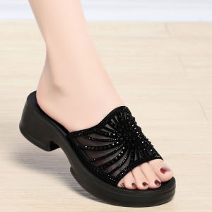 Leather Mom Slippers Women Summer Outdoor Wear Anti-Slip Middle-Aged Women Leather Shoes Elderly Cool Sandals Slope Heel Mid-Heel Women