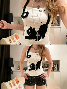 White Cat Patterned Halterneck Crop Top Slimming Summer Wear
