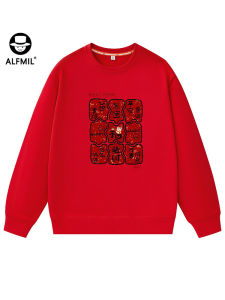 ALFMIL Trendy Brand 2025 Chinese Zodiac Year Hoodie Men round Neck Fleece Lined Loose Red Couple Matching Autumn Winter New Arrival