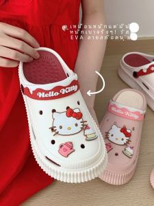 Thin Strip Authentic Cute Hello Kitty Hole Shoes Womens Summer Outwear Feeling of Walking on Shit Platform Shoes Thick Sole Beach Slippers