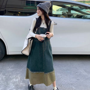 Slimming Effectiveness Midi Length Color Block Denim Halter Dress Women Autumn Winter plus Size Tummy Control Slim Fit Dress