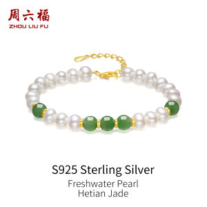 ZHOU LIU FU 周六福 S925 Sterling Silver Freshwater Pearl Bracelet Green Jade Bead Birthday Gift for Women 16+3cm X0714740