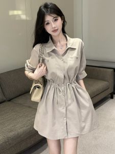 GUZILIAN | Polo Collar A-line Dress Short Sleeve Waist-accentuating Single-row Button Slimming