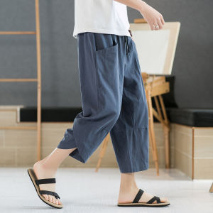 Mens Summer Cotton Linen Eighteen Shorts Casual Loose Fit Fashionable Nine-Piece Pants Thin Model Khaki Color Urban Style