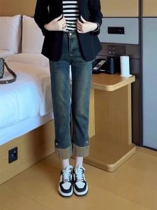 กางเกงยีนส์ทรงตรงเอวสูงทรงหลวมสำหรับผู้หญิงไซส์ใหญ่ ฤดูใบไม้ผลิและฤดูร้อน กางเกงขายาวทรงหลวม ทรงหลวม ทรงหลวม