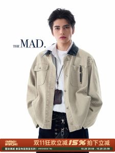 MADWITCH Vintage Washed Patchwork Stand Collar Work Jacket Mens Long Sleeve Outerwear Spring Autumn Standard Fit Youth Trend