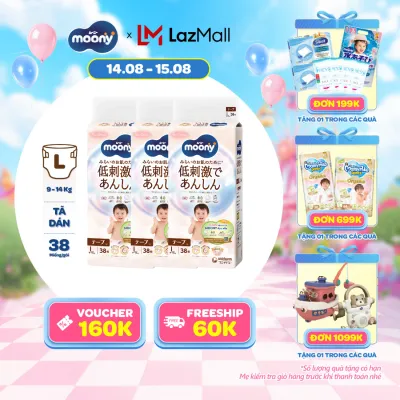 [21-24.09 QUÀ TẶNG SLCH] Combo 3 tã dán Moony Dịu Nhẹ siêu cao cấp L38 miếng - Nhập khẩu từ Nhật Bản