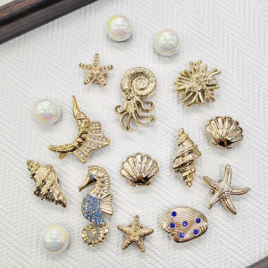 16PCS Ocean Beach Bling Golden Seahorse Shoe Charms DIY Decorations Conch Starfish Clog Shoe Buckles Faux Pearl Shoe Accessories