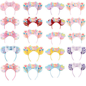 Girls Happy Birthday Minnie Mouse Ears Headbands Disney Mouse Ears Cartoon Sequin 5Bow Hairband Kid Party DIY Hair Accessories
