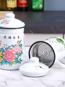 Large Capacity Enamel Tea Cup with Filter And Handle Retro Style Office Use Tea Pot Traditional Chinese Style Enamelware