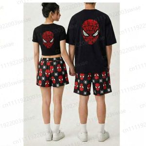 Hot Toys | 2026 New Summer Couples Matching Spider Print T Shirt Shorts Set Women Crop Top Men Oversized Tee Homewear For Adult/Kids tee