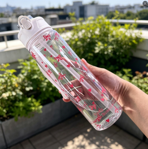 Clear Strawberry Cherry Flower Bow Pattern Water Cup with Straw & LanyardReusable Light Portable Bottle Perfect Exquisite Gift