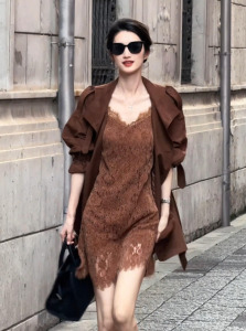 DANTING | Slimming Two-Piece Outfit Brown Coat Lace Strap Dress Set