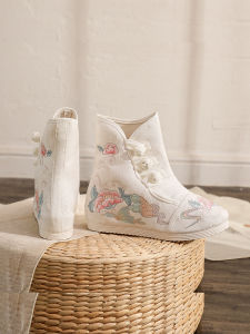 Spring Summer Low Heel Embroidered Hanfu Boots Middle Tube Dance Shoes for Women Flat Heel Floral Pattern Youth Casual Footwear