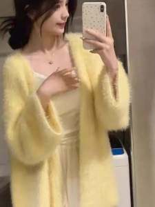 Womens Thickened Knitted Goose Yellow Mink Imitation Sweater Coat Autumn Winter V-neck Long Sleeve Loose Fit Korean Style
