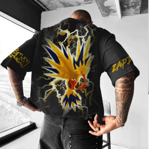 Bandai | 2026 Summer Pokemon Pure Cotton T Shirt Zapdos Back Print Yellow Blue Electric Effect Sleeve Text Men Women Casual Fashion