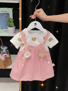 Dress Katun Lengan Pendek Anak Perempuan dengan Motif Beruang